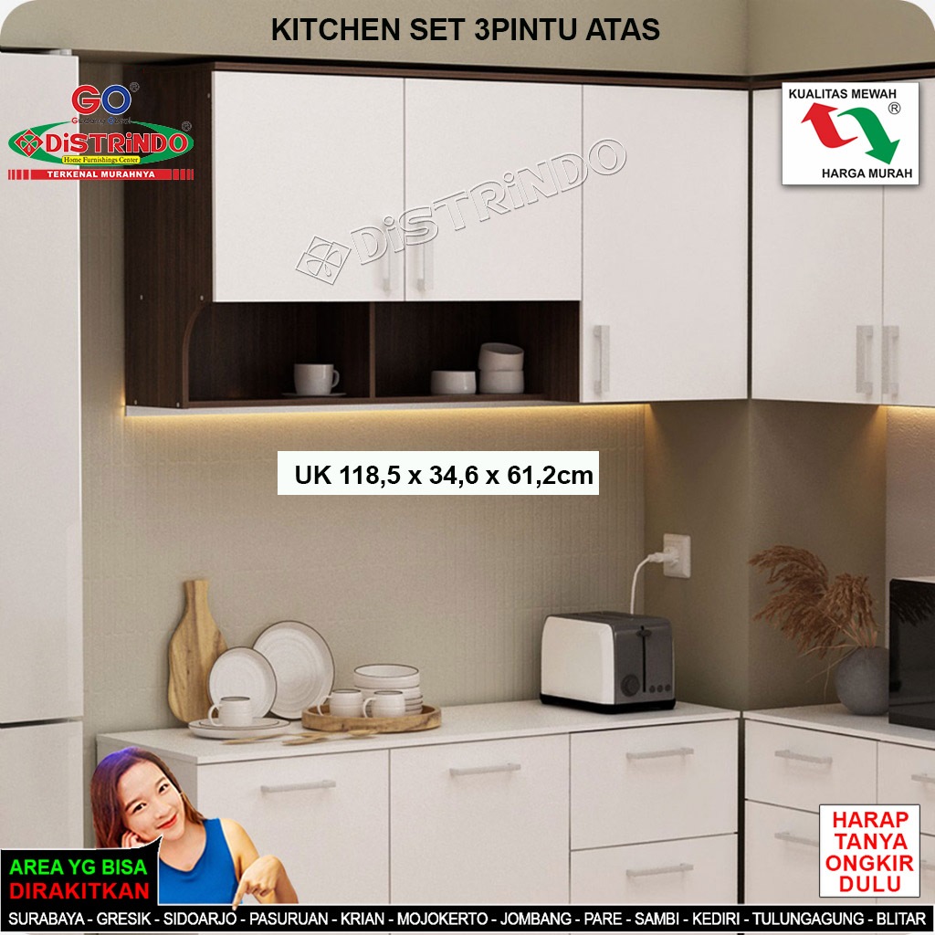 Lemari Dapur Kitchen Set Atas / Bawah Bahan PB Tebal Halus Warna Putih Mewah Motif Bunga Cantik