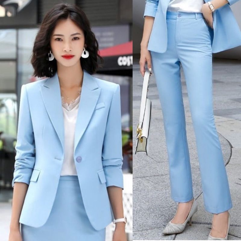 SETELAN JAS KERJA, SET BLAZER WANITA, SETELAN  JAS KANTORAN,SETELAN JAS BIRU MUDA