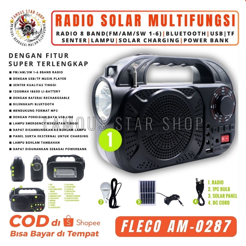 Produk Unik Multifungsi Flashlight Tenaga Matahari Speaker Bluetooth Portable, Radio 8 Band FM/AM/SW