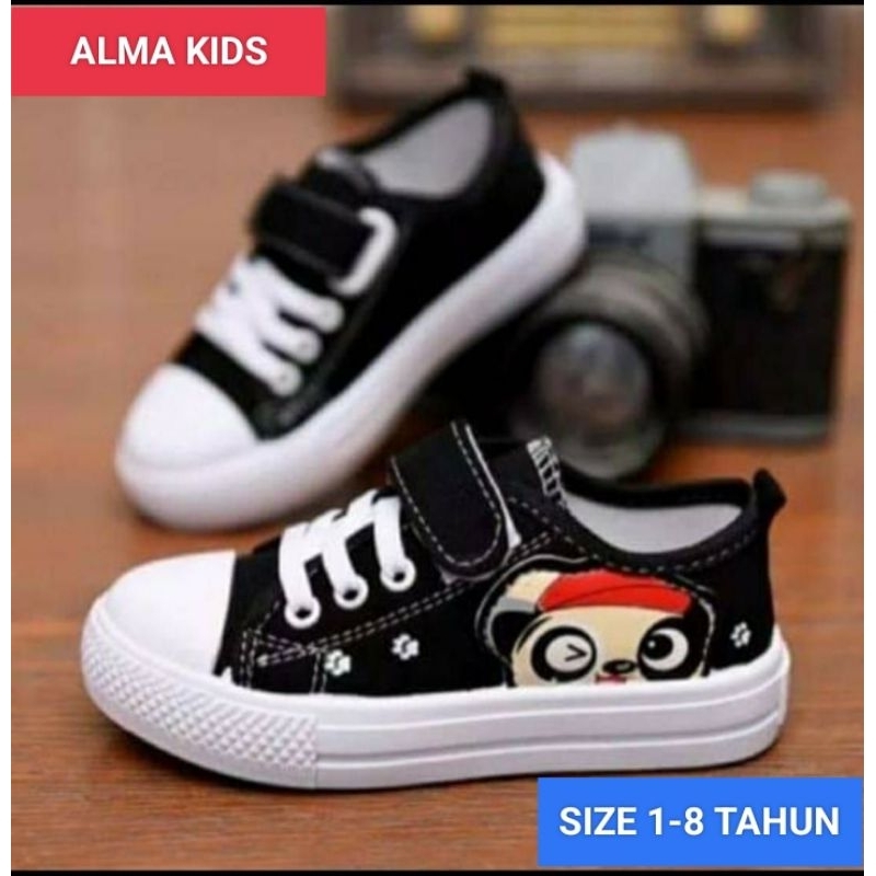 ALMA_SEPATU ANAK PEREMPUAN 1-8 TAHUN GAMBAR PANDA SEPATU HITAM PUTIH POLOS ANAK SD DAN TK LUCU TERPO