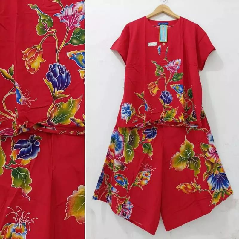 SETELAN CELANA KULOT WANITA BATIK KENCANA UNGU LEBEL BIRU STELAN MAXI LL BATIKU JUMBO LD.140 CM