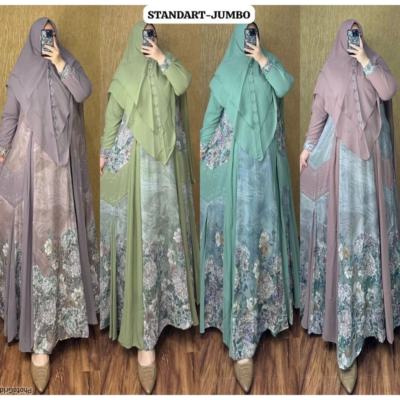GAMIS SYARI SET HIJAB KHIMAR YULIA HD ORI PREMIUM CERUTY SERUTI MOTIF BUNGA CANTIK SERAGAMAN JUMBO S
