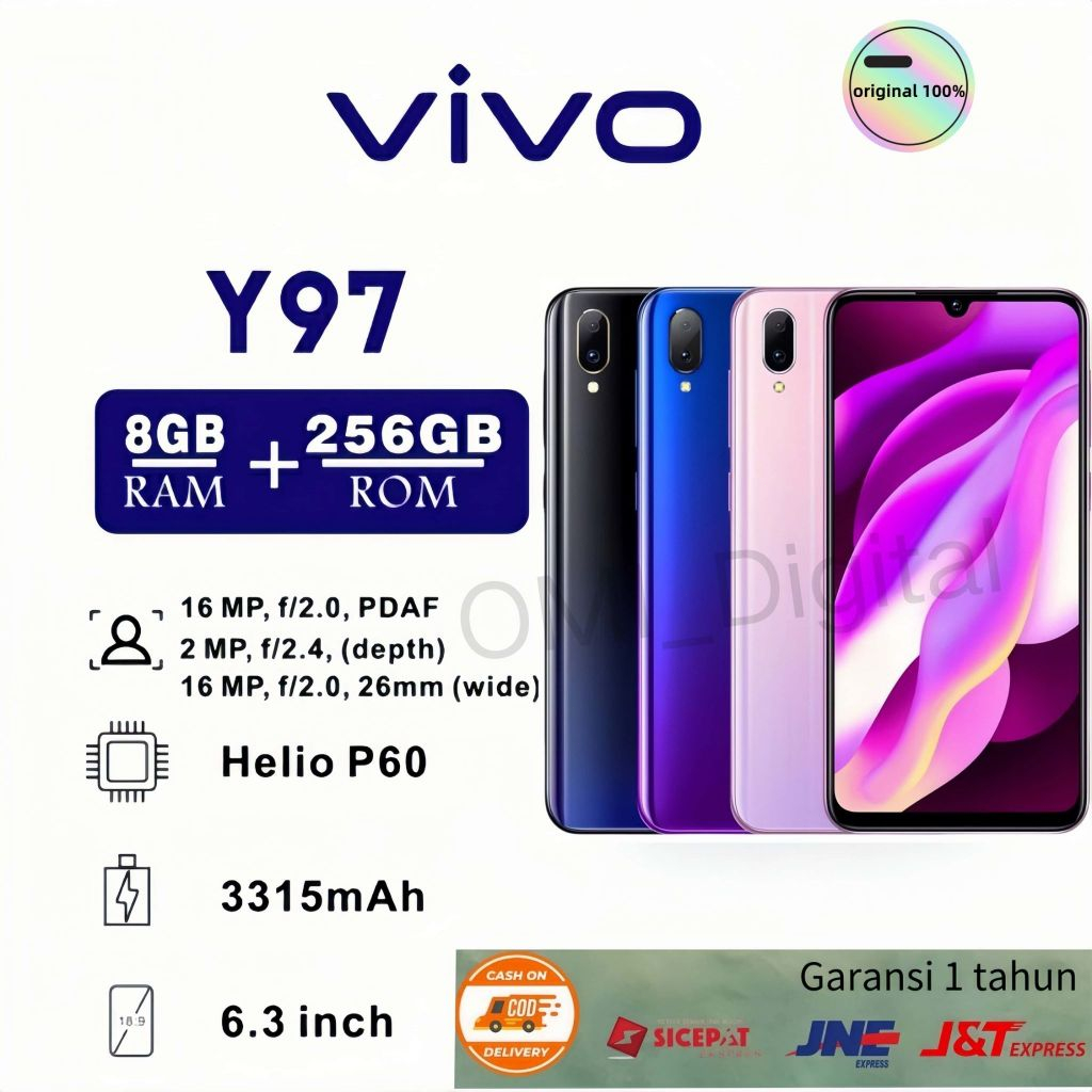 hp VIVO Y97 RAM8/256GB 6.3HD+ inch Kamera 2/16+2MP, original 100% Murah Baru Second segel Fullset Ga