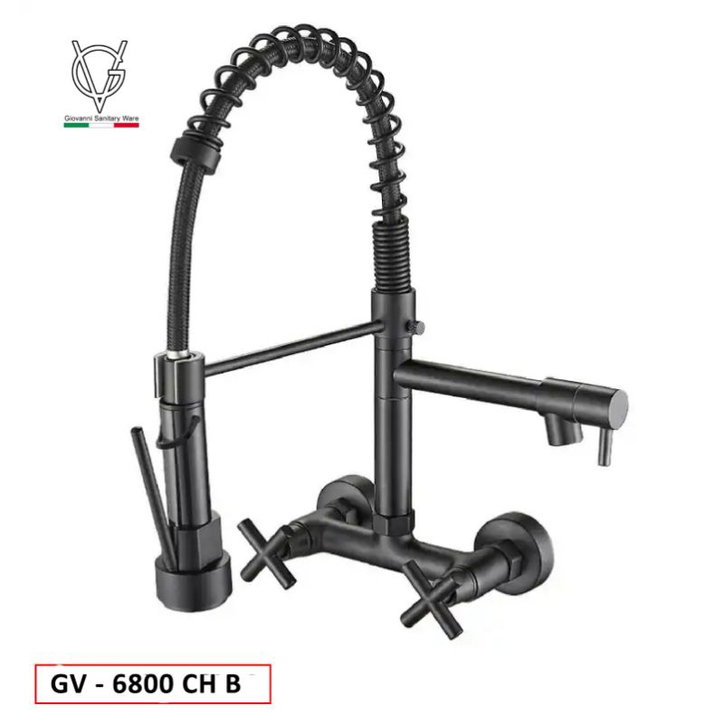 Kran tarik panas dingin hitam tembok stainless/Kran dapur angsa dinding hitam stainless