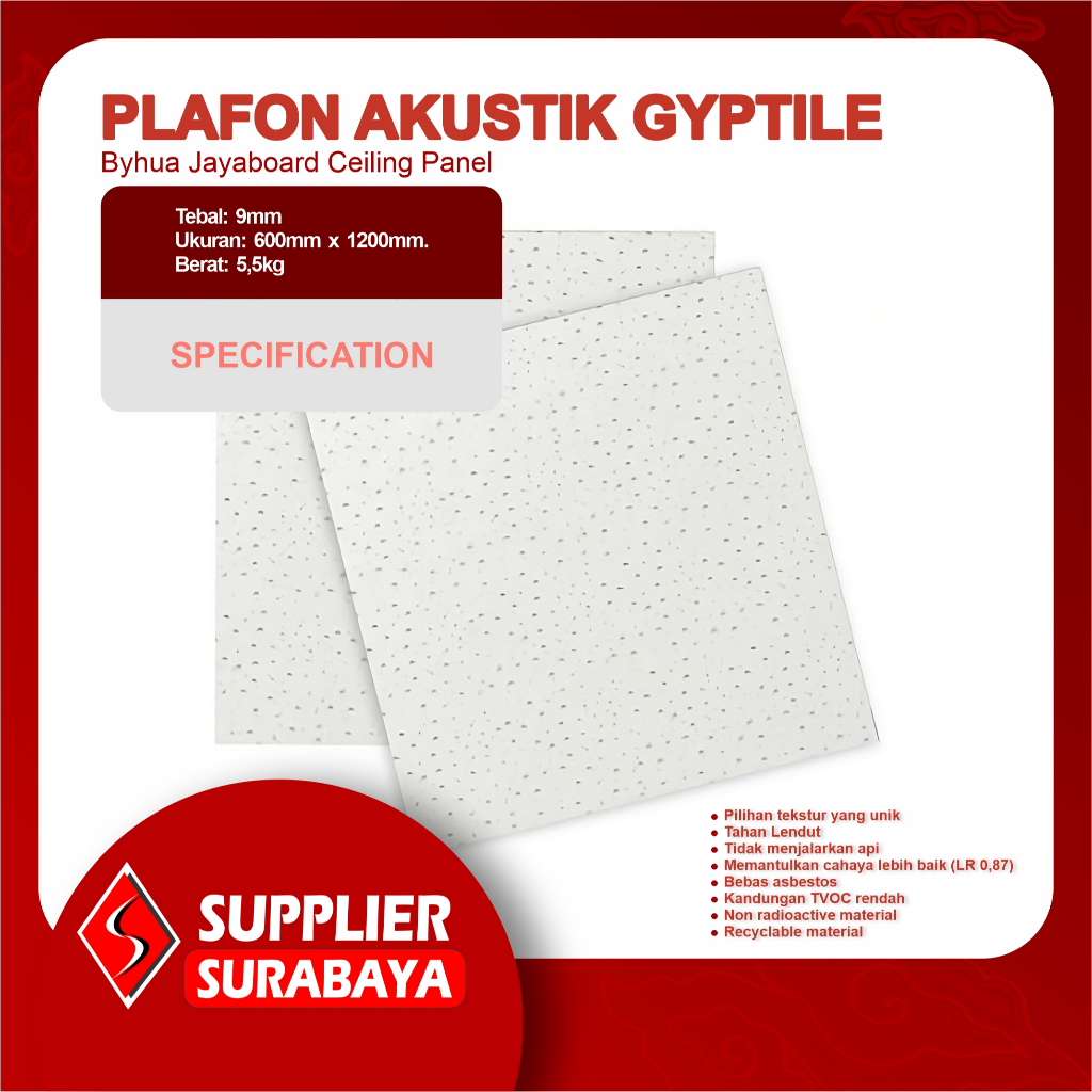 Plafon Akustik Gyptile Byhua JAYABOARD ukuran 60x120 Ceiling Panel / Gyptile 9mm - plafon akustik Ja