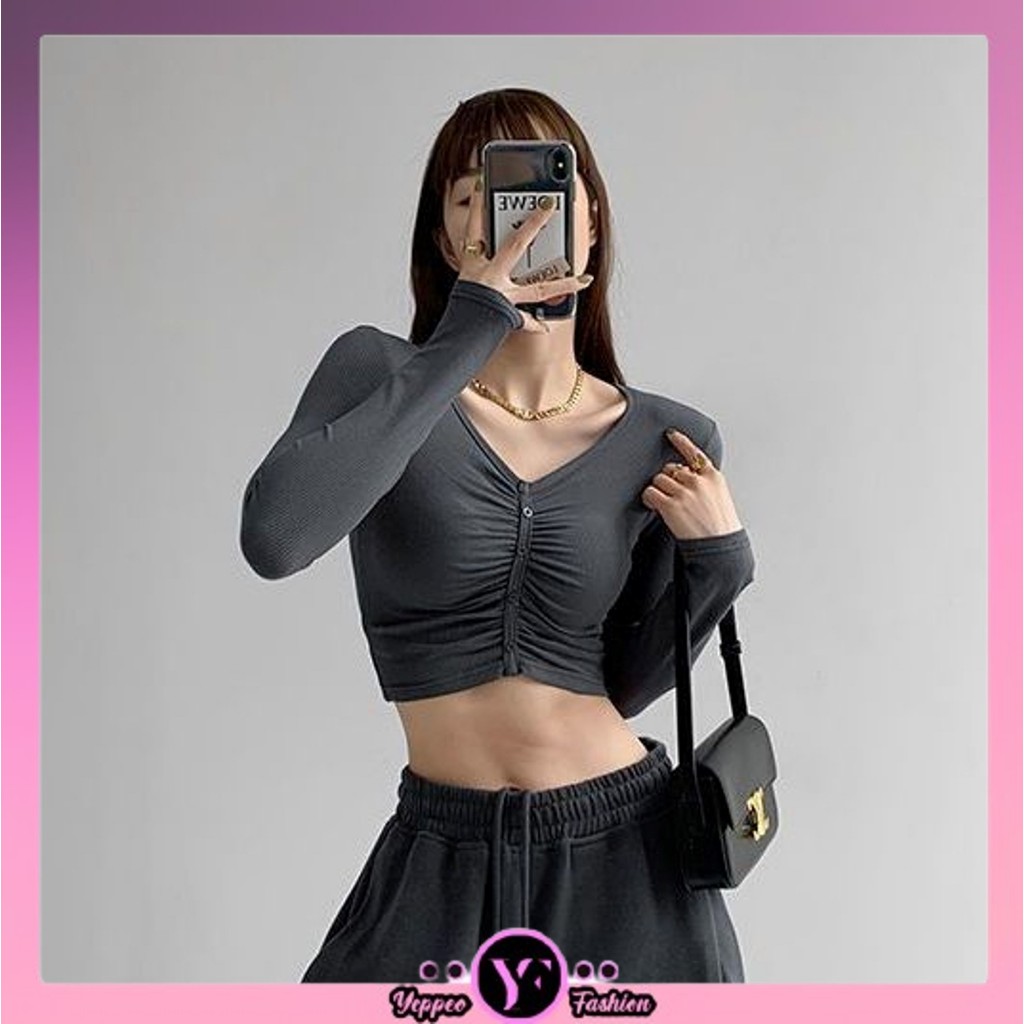 •YF•	BJ1691 Baju Atasan Kaos CropTop Knit Kancing Depan Serut Lengan Panjang Wanita Sexy Korea