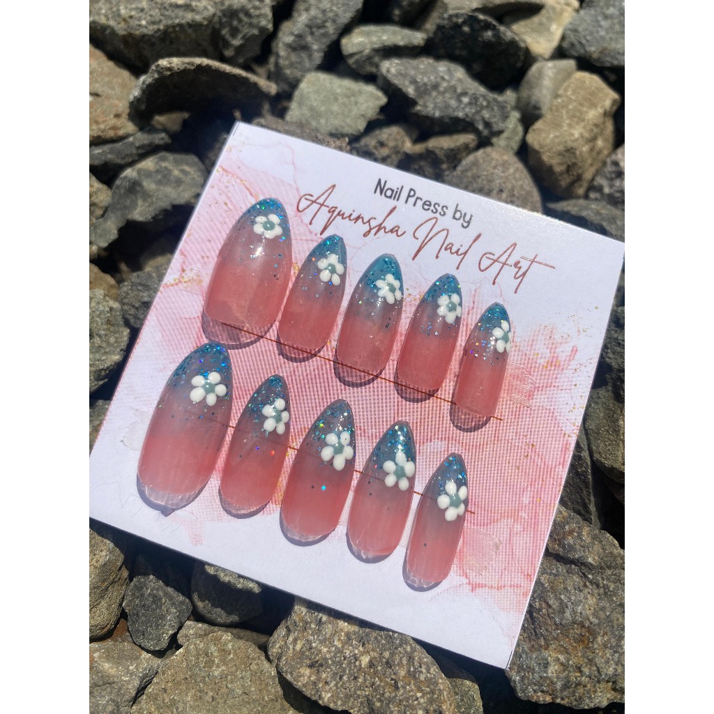 Kuku Palsu Biru Motif //FREE LEM | Press On Nails | Nail Art | Nailarts | kuku palsu | fake nail  | 