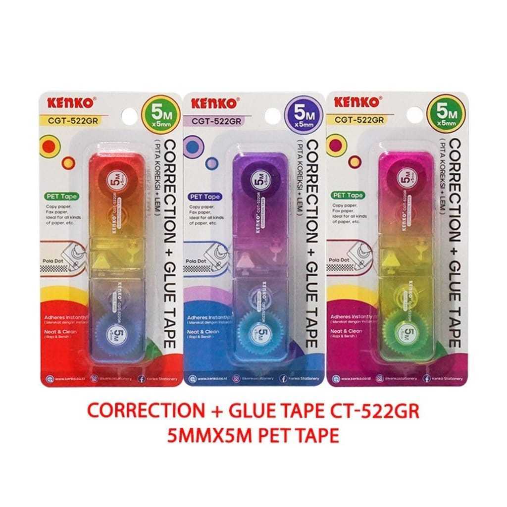 

Glue Tape + Tip X CGT-522GR/Correction Tape CT-522GR Kenko Pet Tipe X dan Lem Roll 2 Sisi