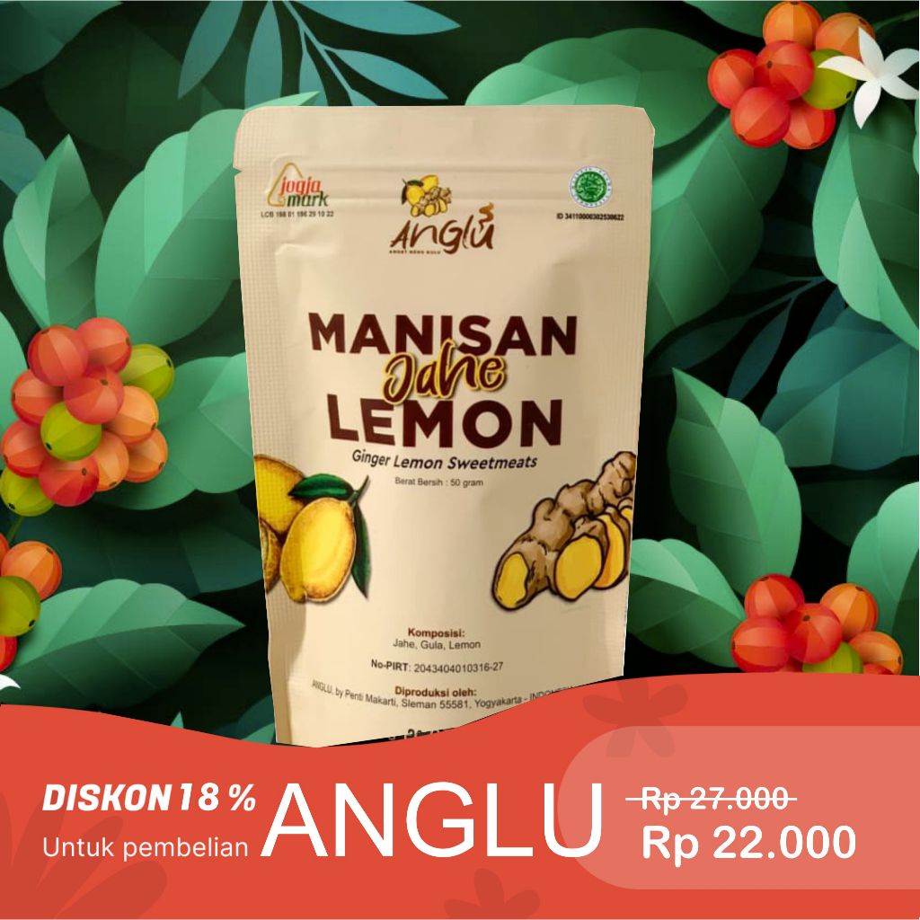 

Anglu Manisan Jahe Lemon premium 50 gram Ginger Herbal Permen Higienis Sehat Hangat Tradisional Pedas