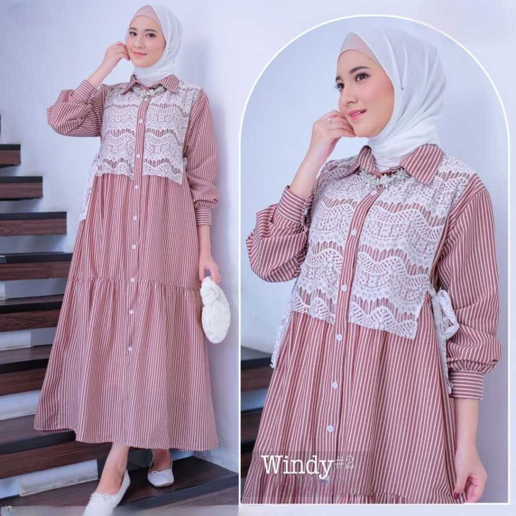 WINDY MIDI DRESS BAHAN KATUN SALUR MIX BRUKAT OOTD MIDI DRESS GAMIS MUSLIMAH MIDI GAUN PESTA GAUN KO