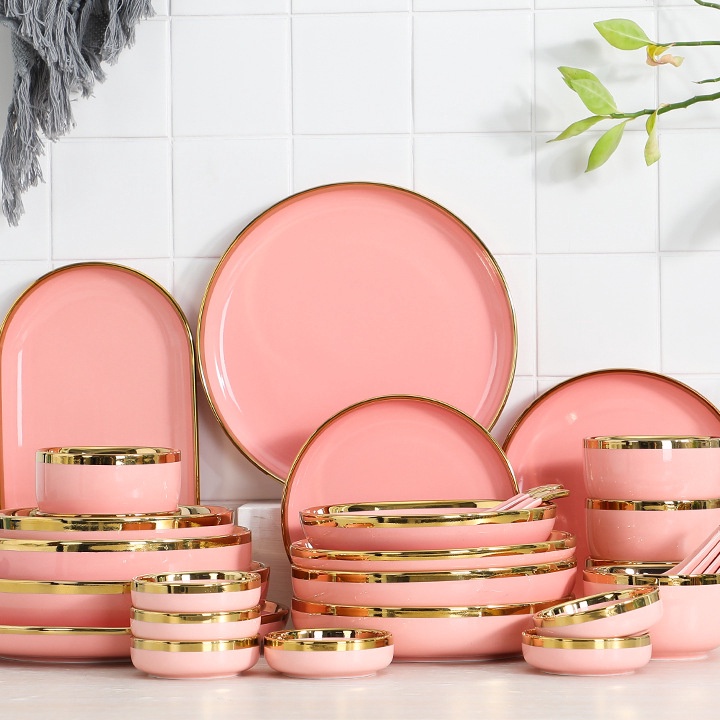 PRODUK TREND ASHOME Piring Makan Keramik Pink Gold  Piring Pink Keramik List Gold  Mangkuk Keramik P