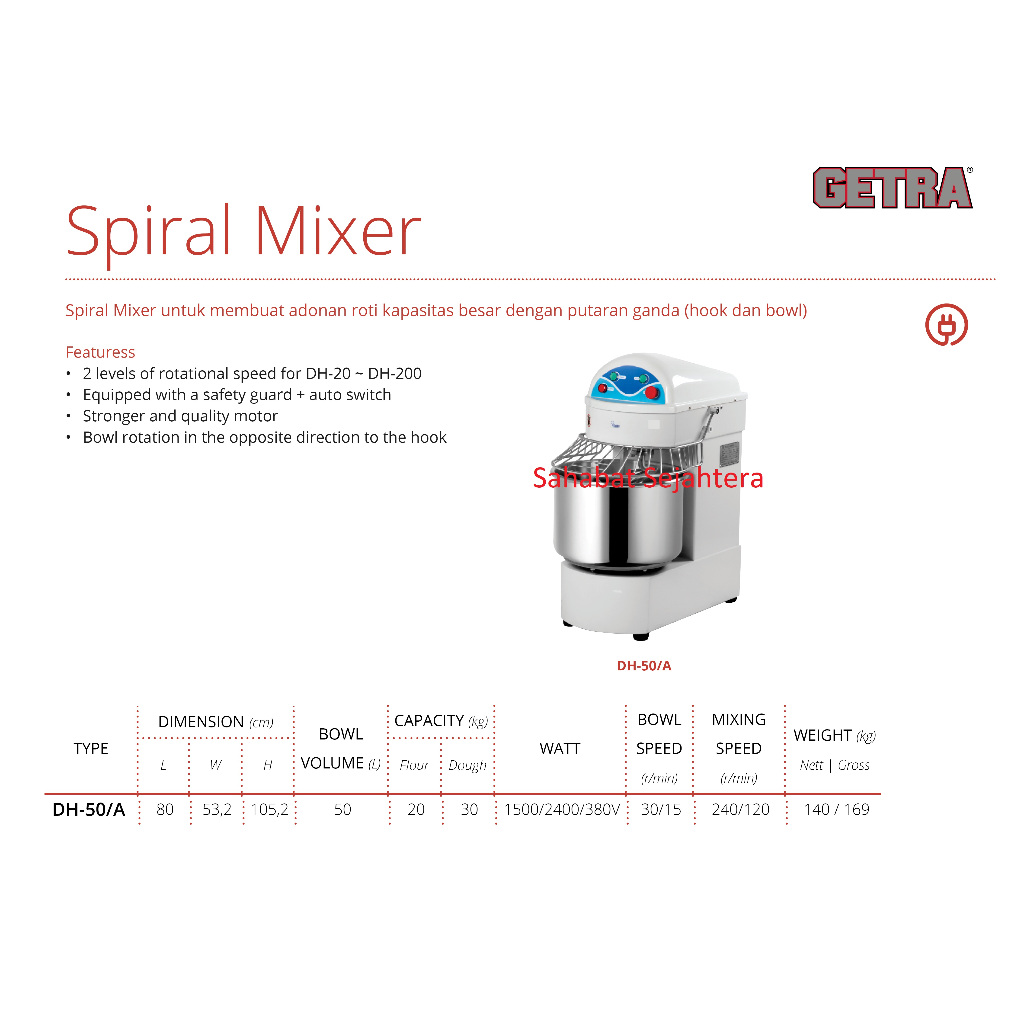 GETRA Spiral Mixer Roti Adonan Tepung DH-50/A | Mesin Pengaduk Adonan Kental Heavy Duty