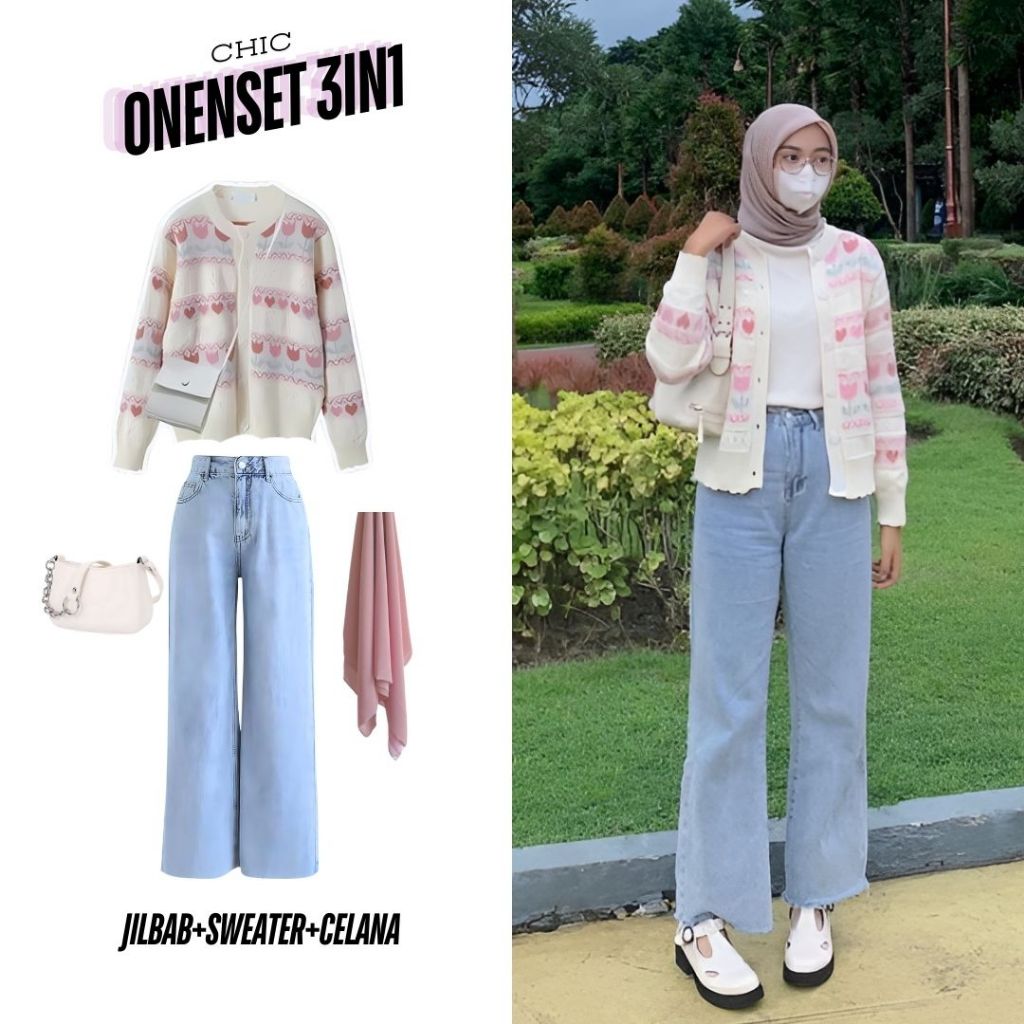 One set 3in1 cardigan kardigan rajut motif bunga tulip celana jeans highwaist cullote loose pants ji
