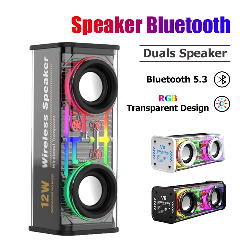 Bluetooth Speaker 10W Double Subwoofer Music Speaker RGB 5.3 LED Light Transparent Mecha Speaker V8 