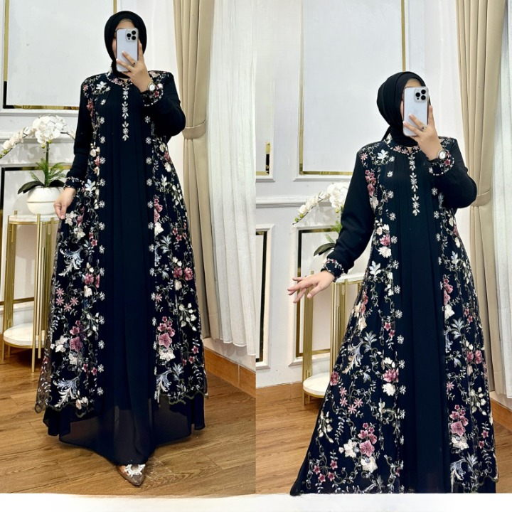 Gamis Brukat Kondangan  Misela Maxy BO Bahan Kain Ceruty Babydoll Full Puring Mix Brukat Aplikasi Pa