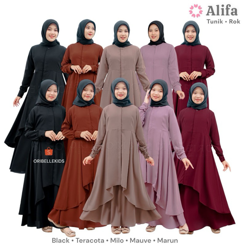 Oribelle Kids Alifa setelan muslim long tunik dan rok couple ibu anak remaja perempuan hitam polos