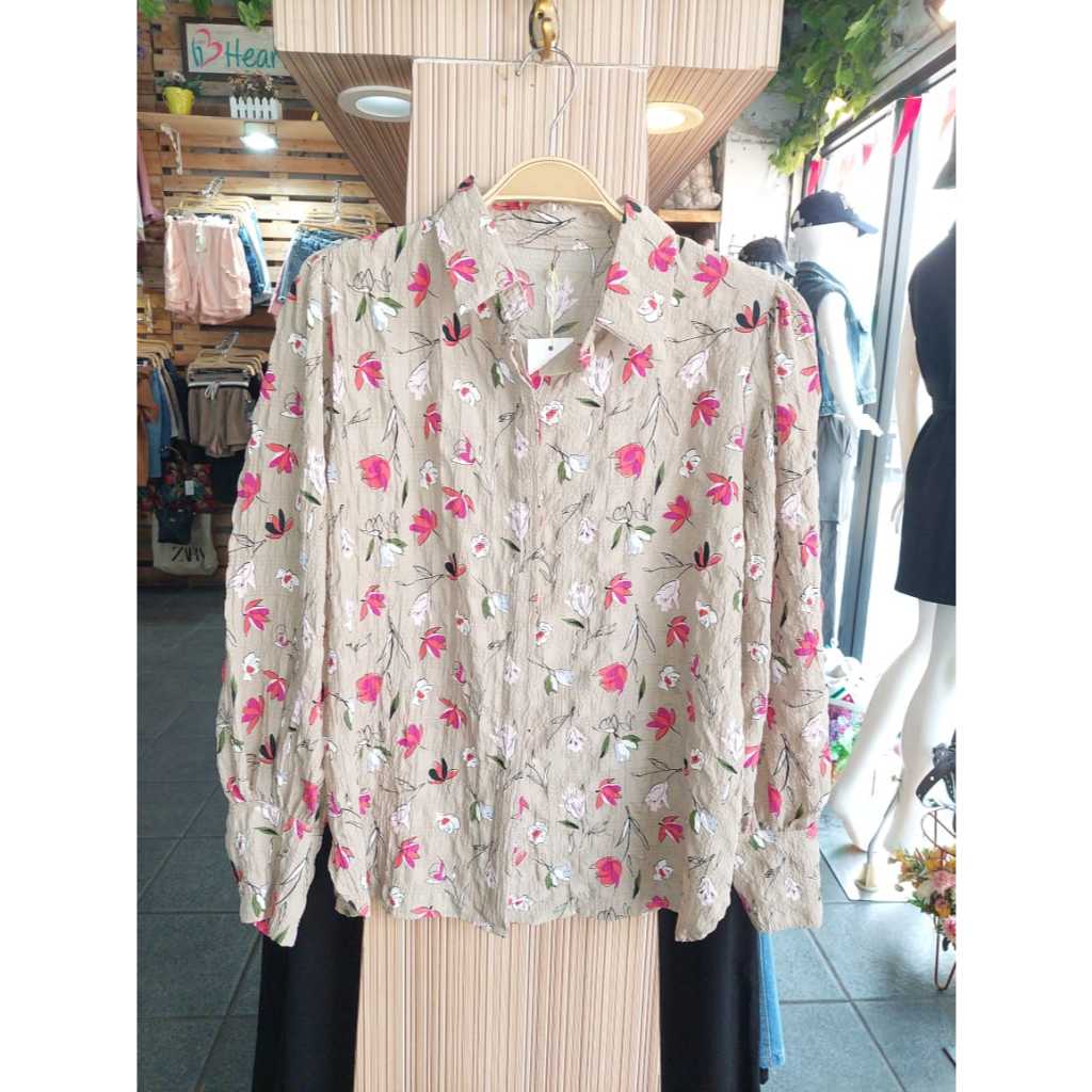 Blouse Kemeja Crinkle Motif Bunga Coklat