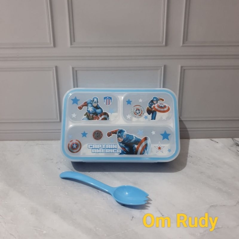 Lunch Box Kotak Makan Anak Anak 3 Sekat Motif Doraemon Captain America Spiderman Cars Kuda Pony Hell