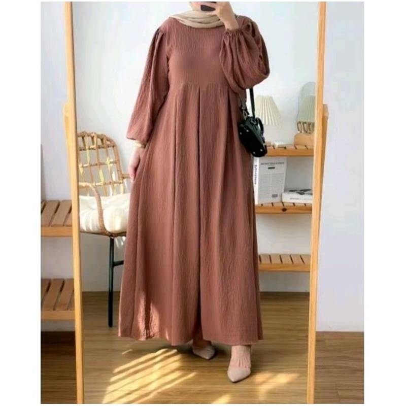 Gamis Wanita Muslim Lengan Balon Hanaya Dress Crinkle Airflow | Gamis Muslim Wanita Panjang Lengan K