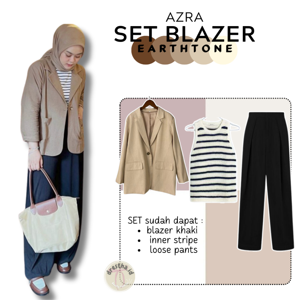 Setelan 3in1 Blazer Wanita Linen | Inner Stripe | Loose Pants Nude OOTD Terbaru Turtleneck Casual Ou