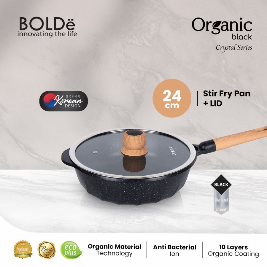 BOLDe Panci Organic Black Crystal Stir Fry Pan 24 Cm + Glass Lid / Granite Ceramic Coating