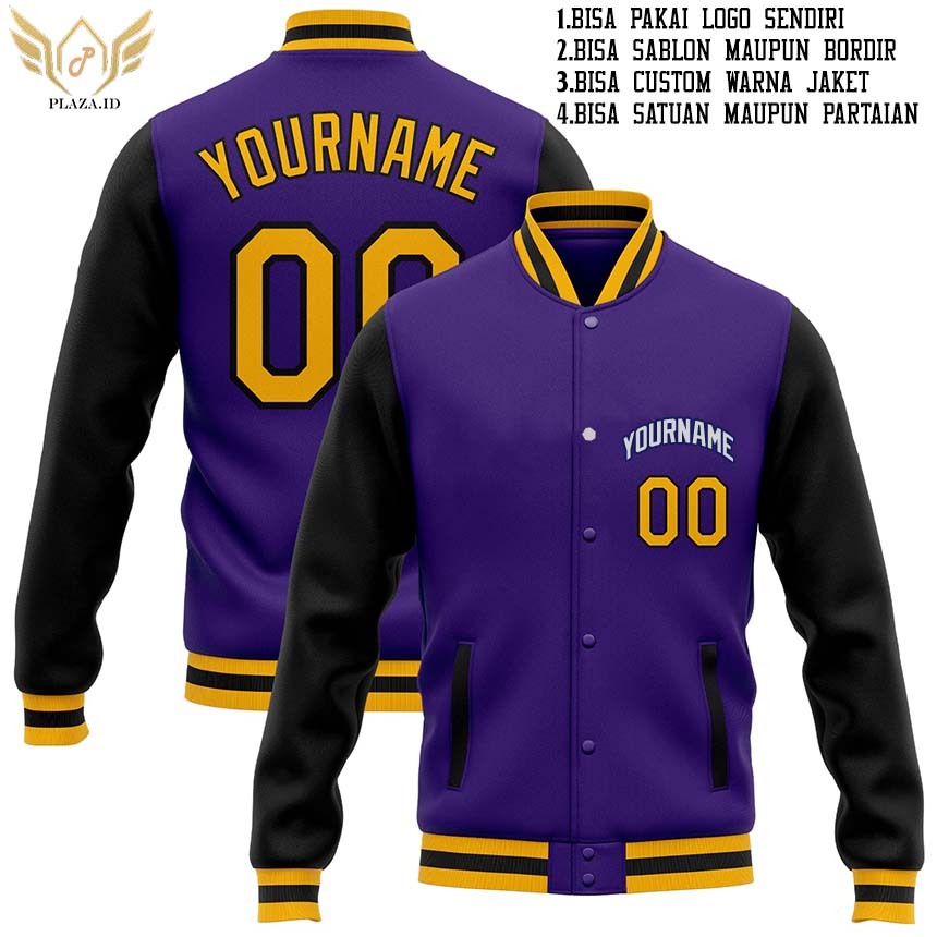 JAKET BOMBER VARSITY CUSTOM DEPAN BELAKANG.JAKET VARSITY CUSTOM S-6XL WARNA UNGU HITAM