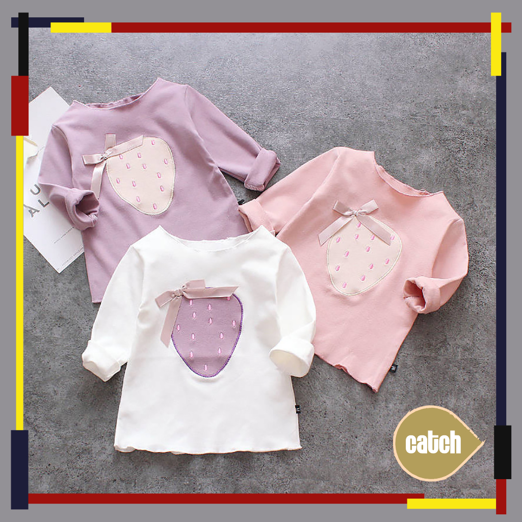 Baju Kaos T-Shirt Anak Perempuan Lengan Panjang Motif Strawberry Warna Putih, Pink Dan Ungu Muda
