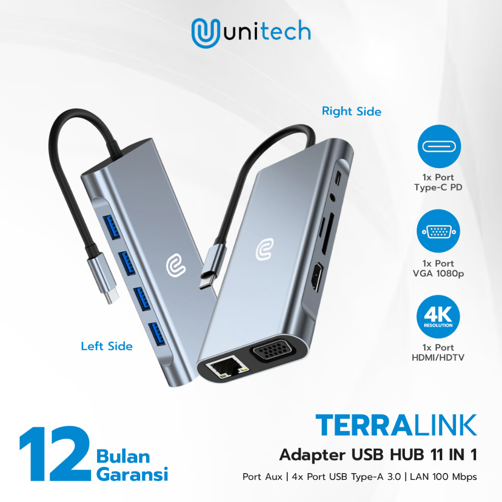 USB HUB Converter Type C HUB 3.0 4K HDMI & VGA + LAN - Card Reader 11 in 1 - TerraLink Unitech