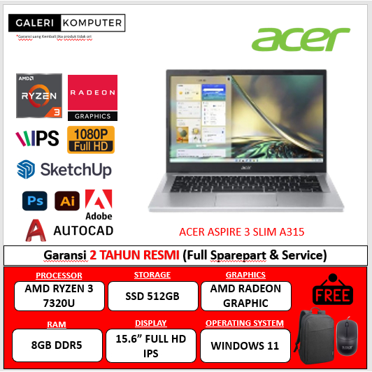 Laptop Gaming ACER ASPIRE 3 SLIM A315 AMD RYZEN 3 7320U 8GB DDR5 512GB 15.6 FHD WIN11HOME SILVER