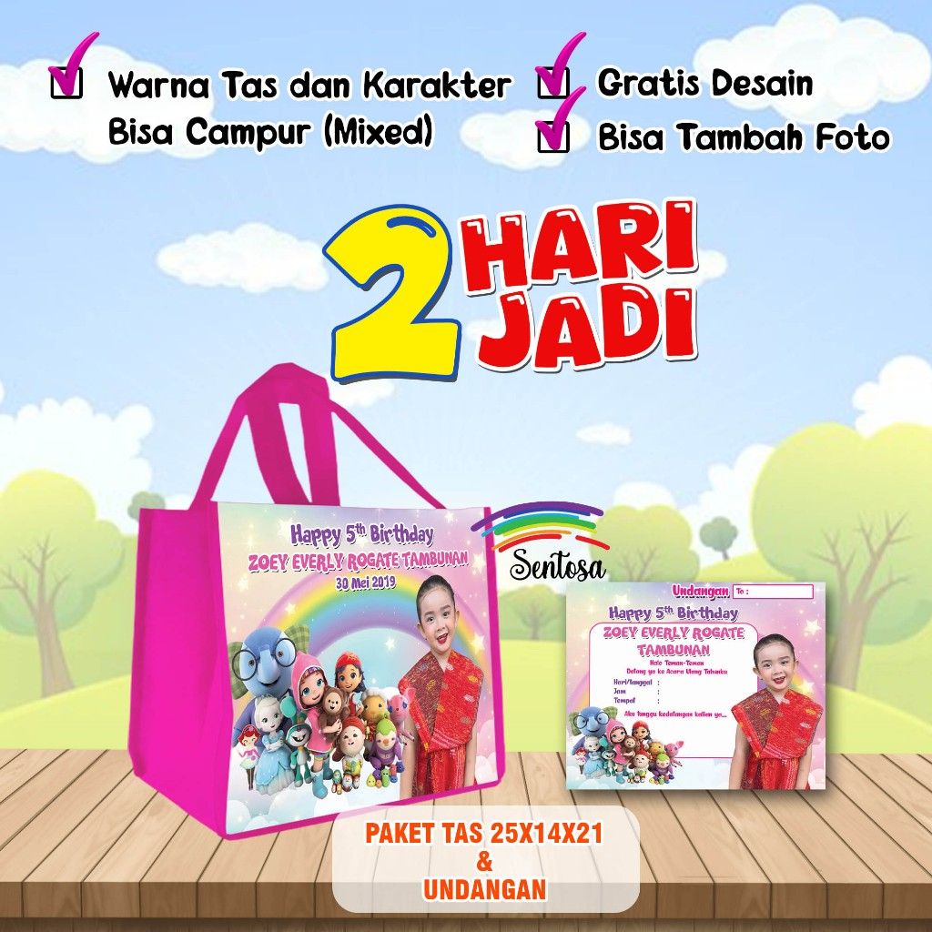 

PERLENGKAPAN BINGKISAN SOUVENIR ULANG TAHUN ANAK TAS DAN UNDANGAN UK 25x14x21 CUSTOM NAMA MURAH