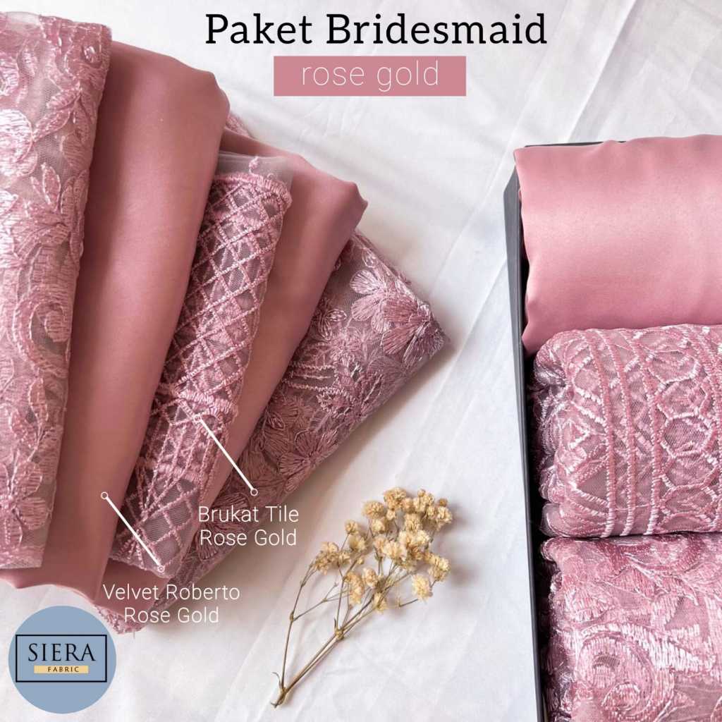 Paket Lengkap Kain Bridesmaid Premium / Kain Satin Velvet Roberto + Kain Brukat Tile - Rose Gold