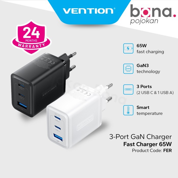 Vention Adaptor Fast Charging Dual Type C & USB 65W FER