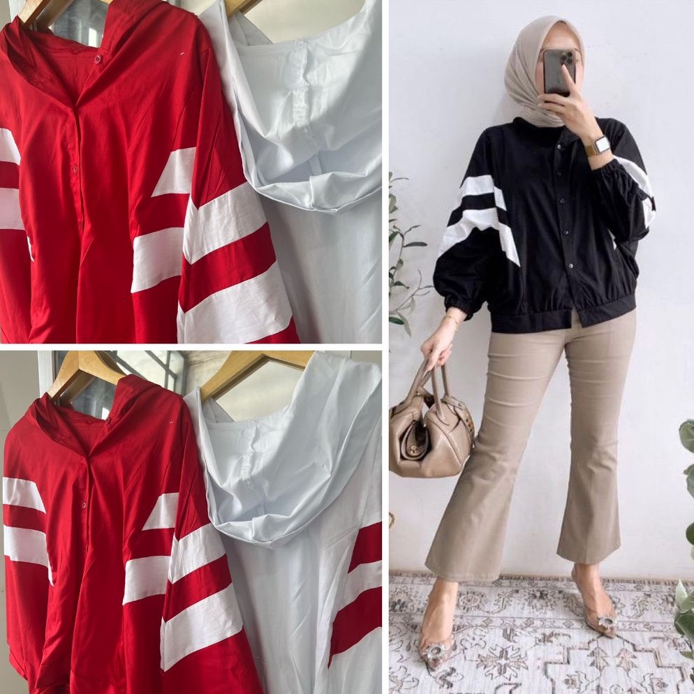 Oke Pr ADDIDAS HOODIE TOP KATUN JEPANG ZRA  STRAPPY HOODIE ATASAN WANITA OVERSIZE  KEMEJA MERAH PUTI