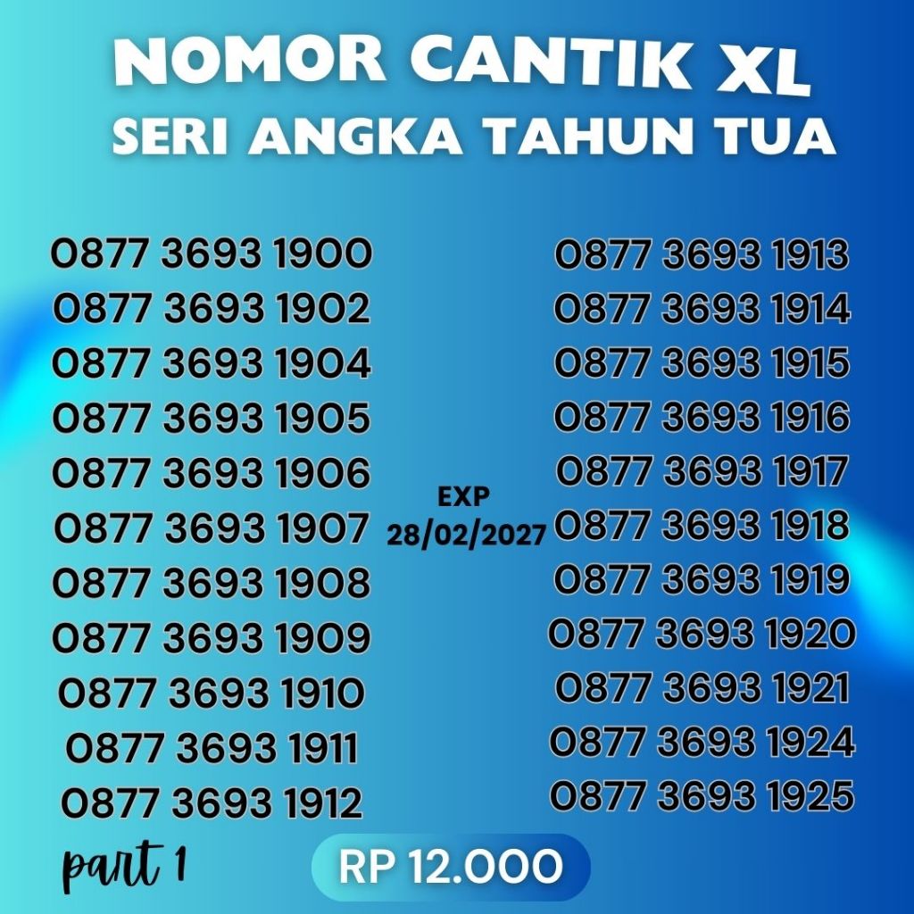 Kartu Nomor Cantik XL Seri Tahun tua 1900-1950 harga 12rb