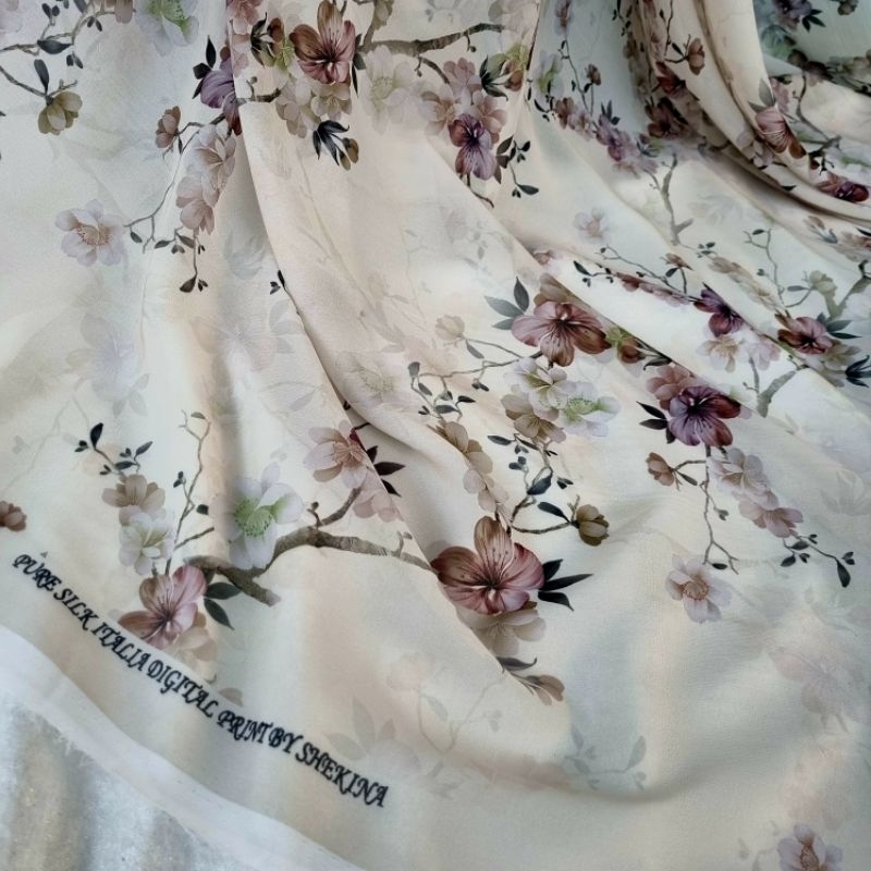 Kain Chiffon Print Motif Bunga Sakura / Bahn sifon Silk Premium Motif