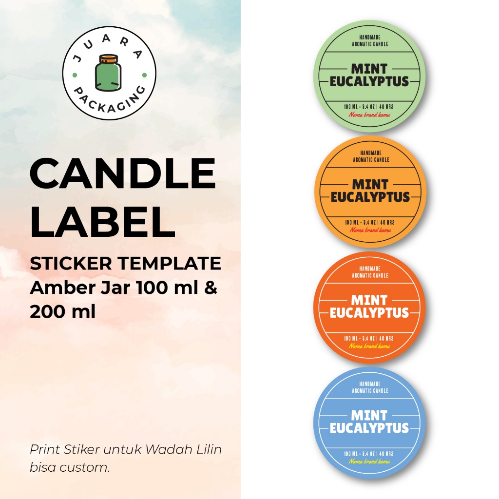 

[COSTUM] Print Label Stiker Lilin Bulat Desain Simple untuk Jar Kaca Amber 100ml 200ml – Template Candle Label Minimalis Warna Elegan, Stiker Kemasan Wadah Lilin Aromaterapi 100 ml 200 ml
