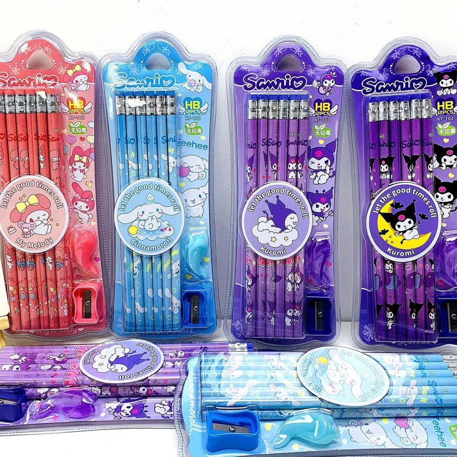 

COBAIN YUK Pensil Set Sanrio Lengkap Isi 12pcs Alat Tulis Kuromi Cinnamoroll My Melody Perlengkapan Sekolah Rautan Pencil