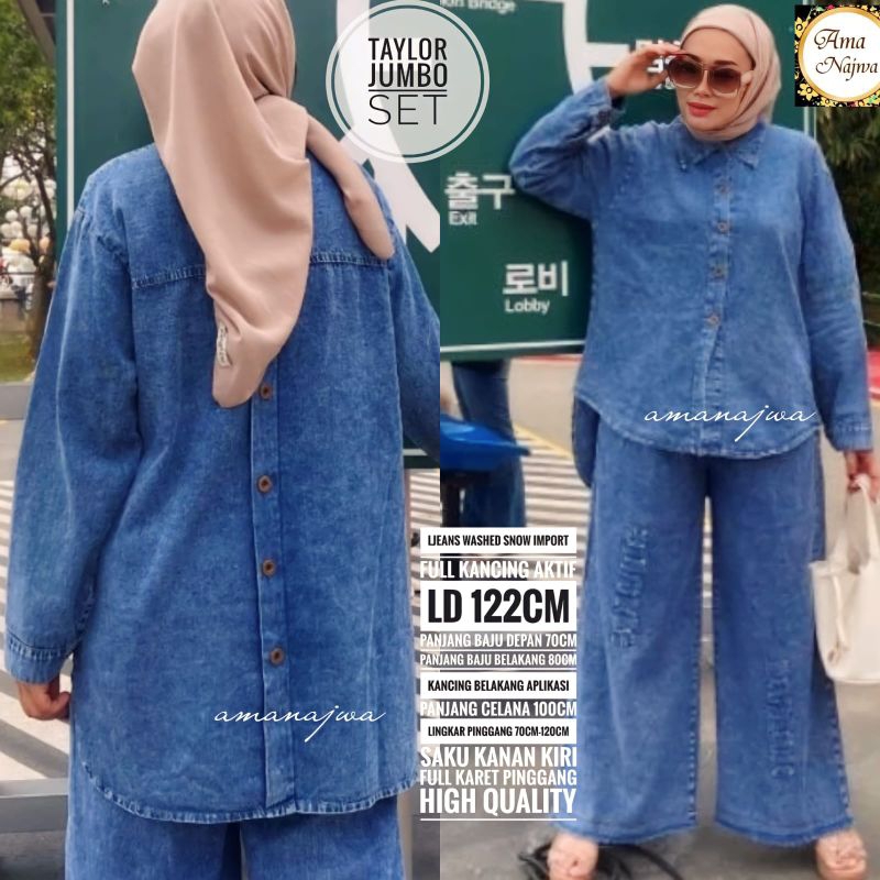 ONE SET WANITA JUMBO LD 130 SETELAN JEANS WASHED SETCEL WANITA LENGAN PANJANG ZERAGOZA#3 SET