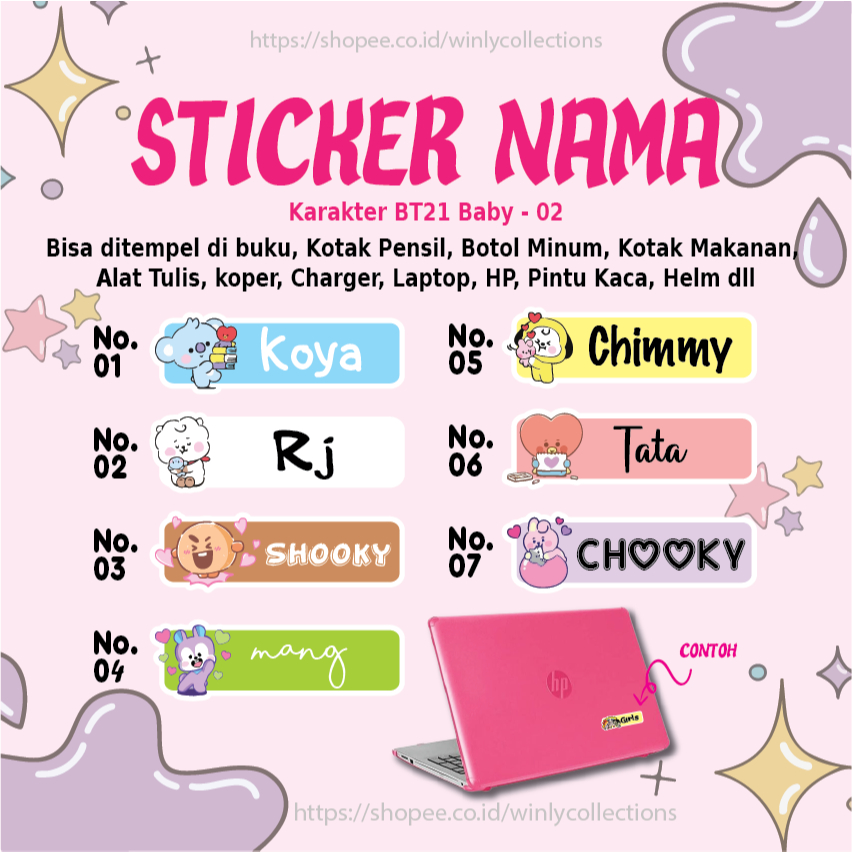 

STICKER LABEL NAMA BT21 BABY 02 BTS LUCU STIKER LEBEL CUSTOM PREMIUM BISA TEMPEL DI ALAT TULIS DLL