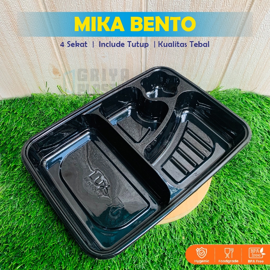 Mika Bento Sekat 4 LUX + Tutup / Mika Bento Plastik / Mika Bento 4 Sekat Hitam / Tray Bento