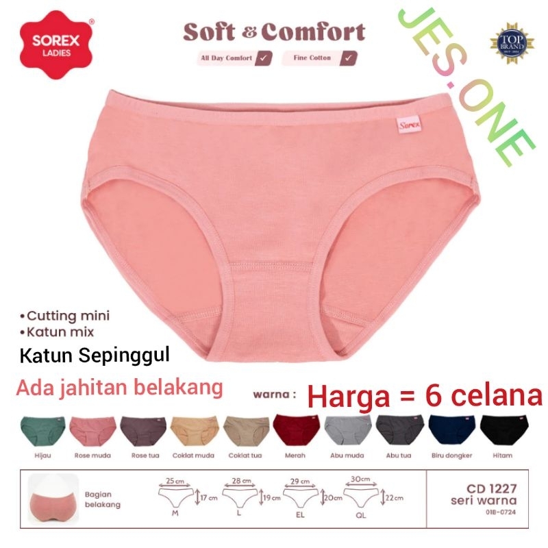 6pcs SOREX 1227 CD Celana Dalam Wanita Katun Sepinggul Mini sz M - 2XL