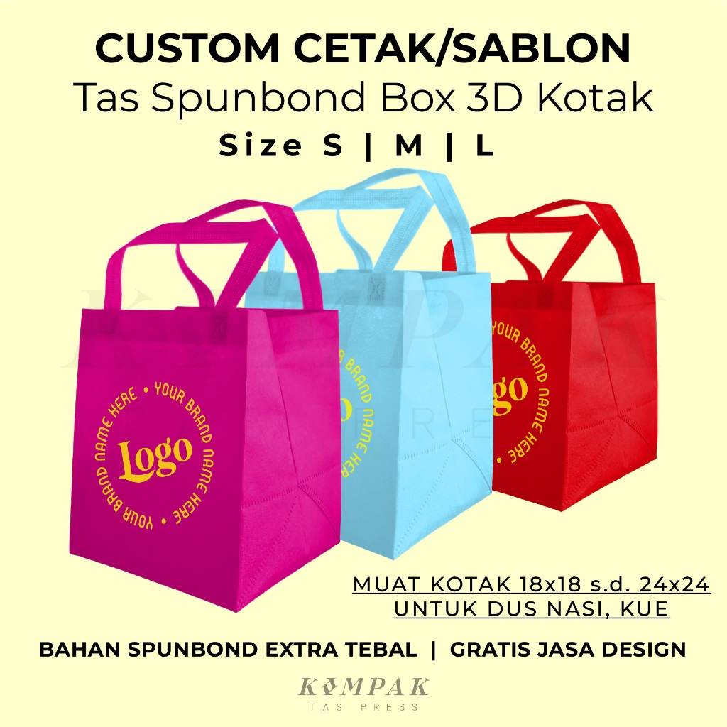 Tas Spunbond Press Box 3D Kotak Custom Cetak Sablon Kantong Goodie Bag Dus Kue Nasi Bento Hantaran 1