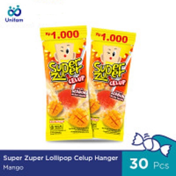 

Super Zuper Celup Lollipop Hanger ( 1 Pak Isi 30pcs 8,5gr ) - Permen Asam Lolipop Rasa Mangga Dengan Serbuk Asam Manis