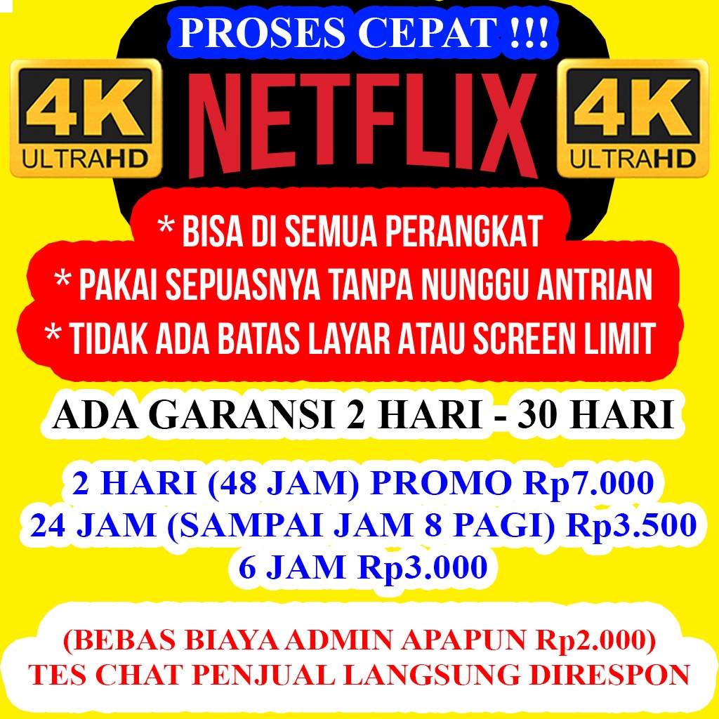 NETFLIX ANTI BATAS LAYAR 2 HARI 48 JAM Rp7.000 SEPUASNYA NETFLIX PRIVATE 1 PROFILE 1 ORANG ANTI BATA
