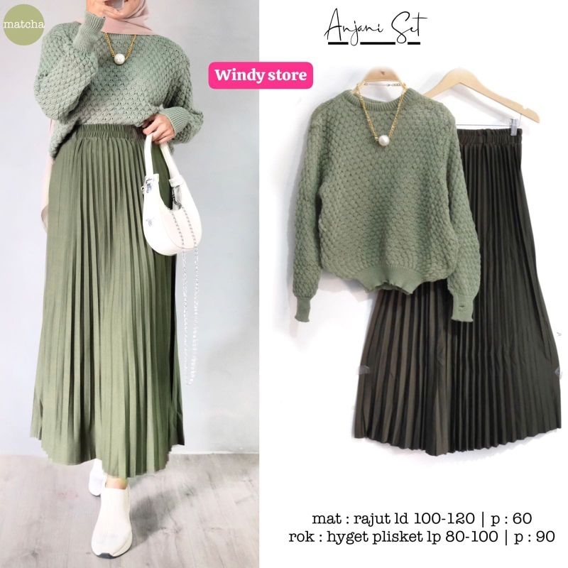 ANJANI SET Setalan Rok Wanita Rajut Rok Plisket Baju kuliah kerja