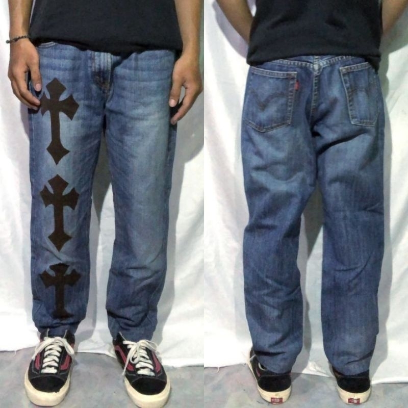 Celana Panjang Longpants Jeans Levi Blue Washed Fading Slim Custom Cross Chrome Hearts Original Seco