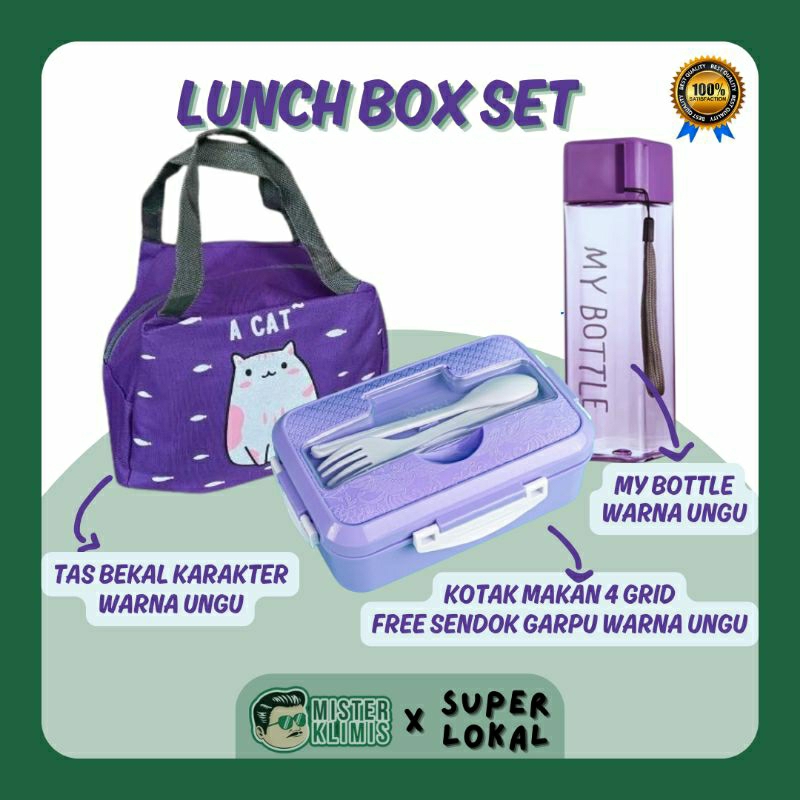 ORI I - Tepak Tempat Makan Bekal Anak Sekolah TK SD Anti Tumpah Lunch Box Set Tas Karakter Botol Min