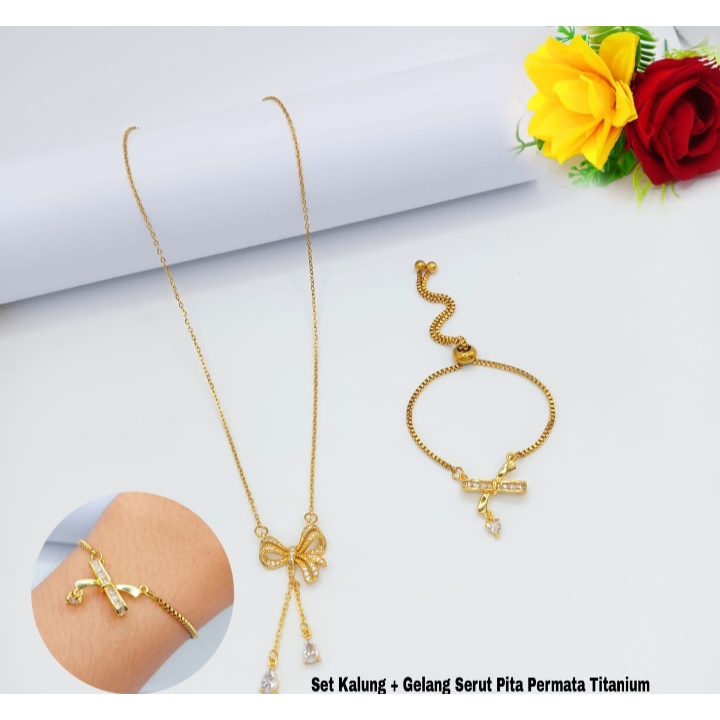 NEW - Set Kalung + Gelang Serut Pita Permata Titanium