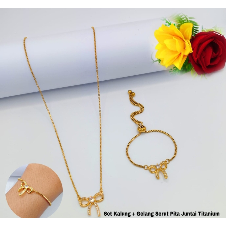 NEW - Set Kalung + Gelang Serut Pita Juntai Titanium
