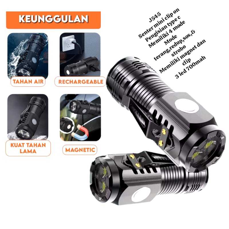 J545 ORIGINAL SENTER LED CAS TYPE C TIPE MAGNET MINI SUPER TERANG LAMPU SENTER 3LED 4 MODE MINI FLAS